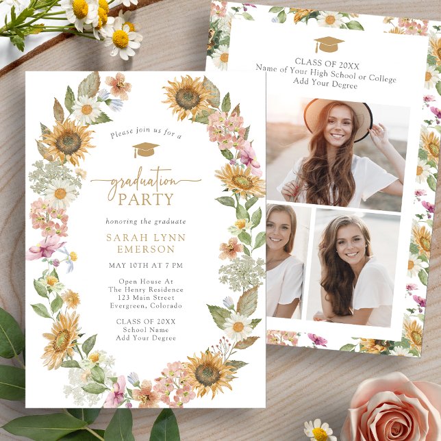Invitation Fête de graduation florale (Watercolor Floral Graduation Party Invitation with Photo Collage by Painted Paperie
)
