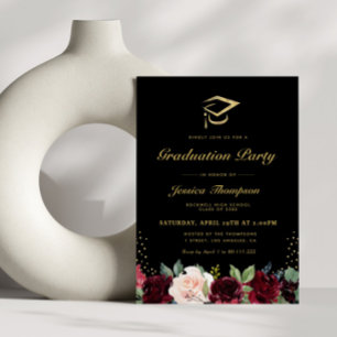 Invitation Fête de graduation florale bordeaux noir et or