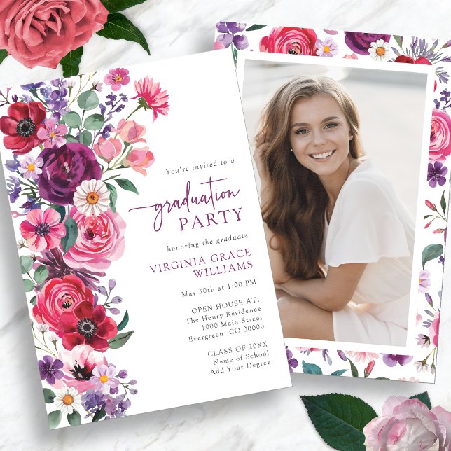 Invitation Fête de graduation florale colorée (Colorful Watercolor Floral Photo Graduation Party Invitation by Painted Paperie
)