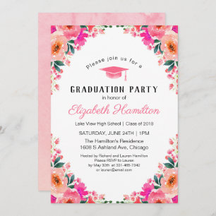 Invitation Fête de graduation florale de couleur rose vif