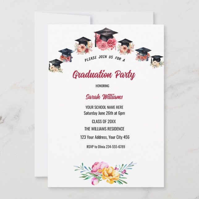 Invitation Fête de graduation florale et casquette (Devant)