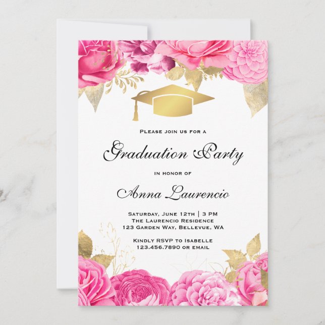 Invitation Fête de graduation Florale rose (Devant)