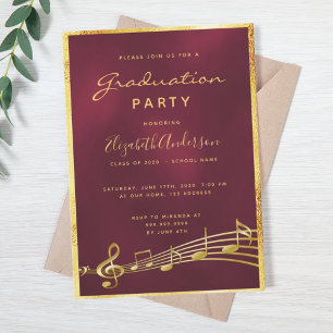 Invitation Fête de graduation glam burgundy musique or