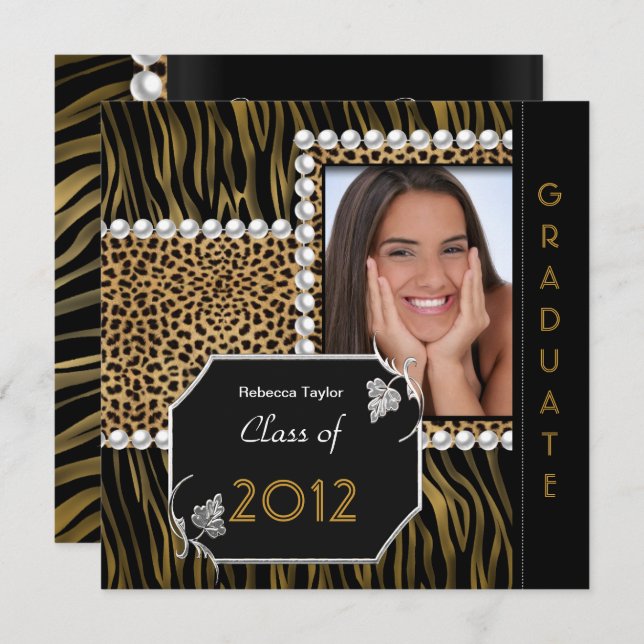 Invitation Fête de graduation Gold Black White Leopard Zebra (Devant / Derrière)