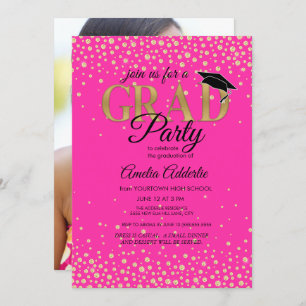 Invitation Fête de graduation Hot rose Black Gold Parties sci