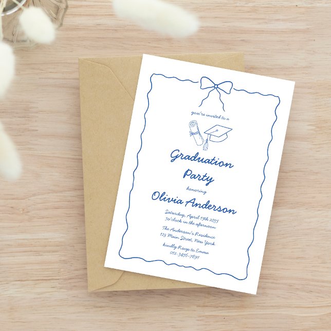 Invitation Fête de Graduation moderne Bleue Tirée À La Main (Créateur téléchargé)