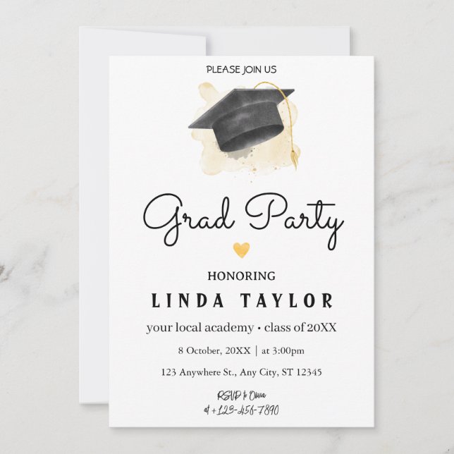 Invitation Fête de graduation moderne GRAD Black Gold (Devant)