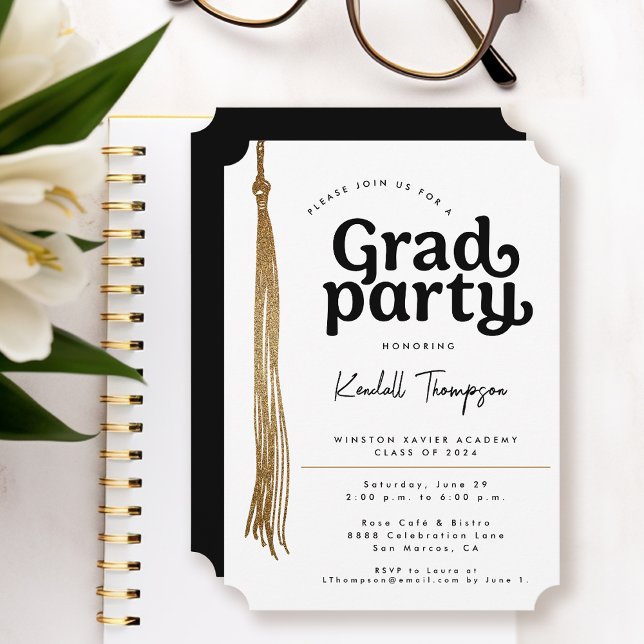 Invitation Fête de graduation moderne simple (Grad party gold, black and white simple and elegant invite)
