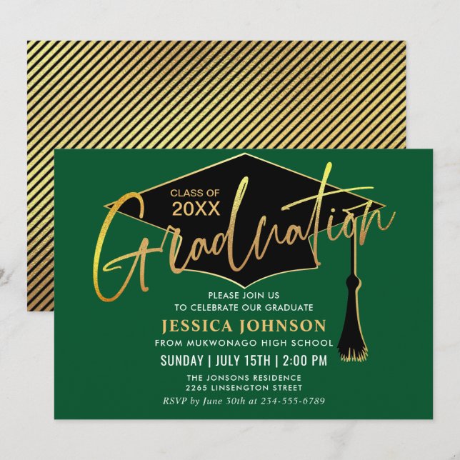 Invitation Fête de graduation moderne simple dorée verte (Devant / Derrière)