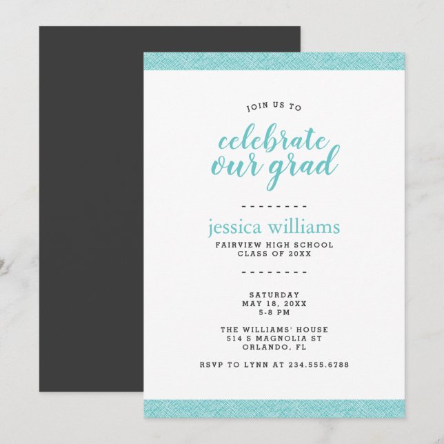 Invitation Fête de graduation moderne Turquoise et Grey (Devant / Derrière)