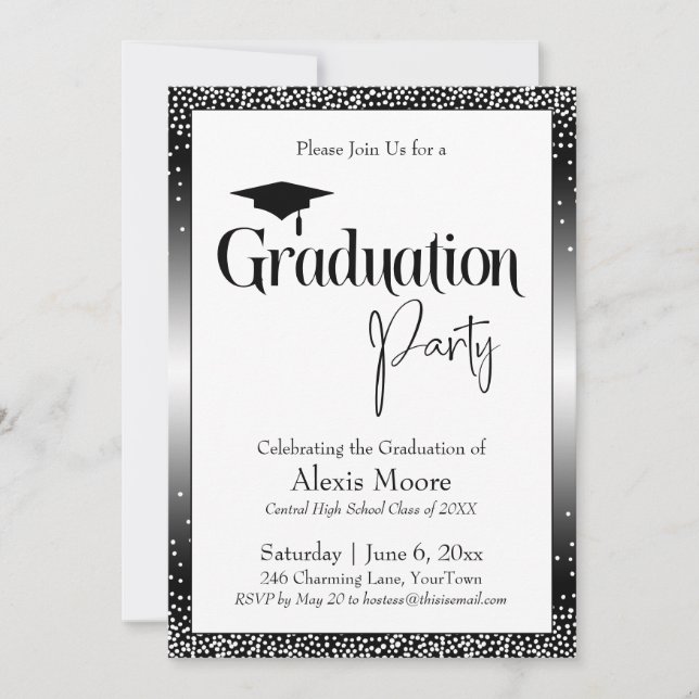 Invitation Fête de Graduation Noir & Blanc Ombre Confetti (Devant)