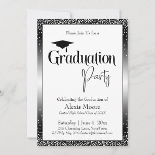 Invitation Fête de Graduation Noir & Blanc Ombre Confetti