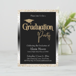Invitation Fête de Graduation Noir & Blanc Ombre Or Confetti