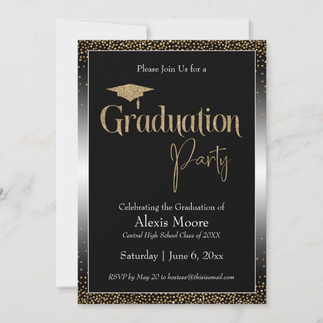 Invitation Fête de Graduation Noir & Blanc Ombre Or Confetti (Devant)