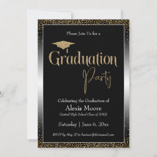 Invitation Fête de Graduation Noir & Blanc Ombre Or Confetti
