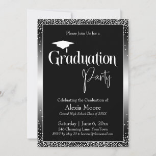 Invitation Fête de Graduation Noir et Blanc Ombre Confetti