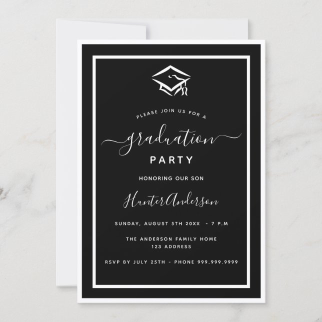 Invitation Fête de graduation noire blanche (Devant)