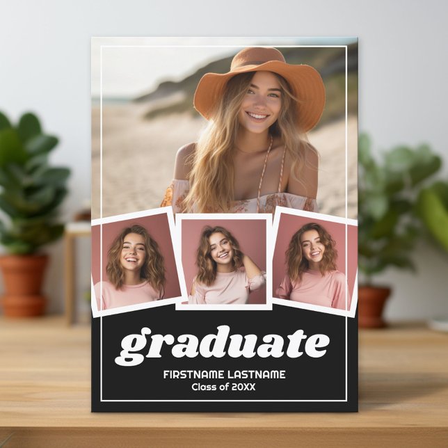 Invitation Fête de graduation noire branchée 4 Photo (Custom Graduation Announcement and Invitation)