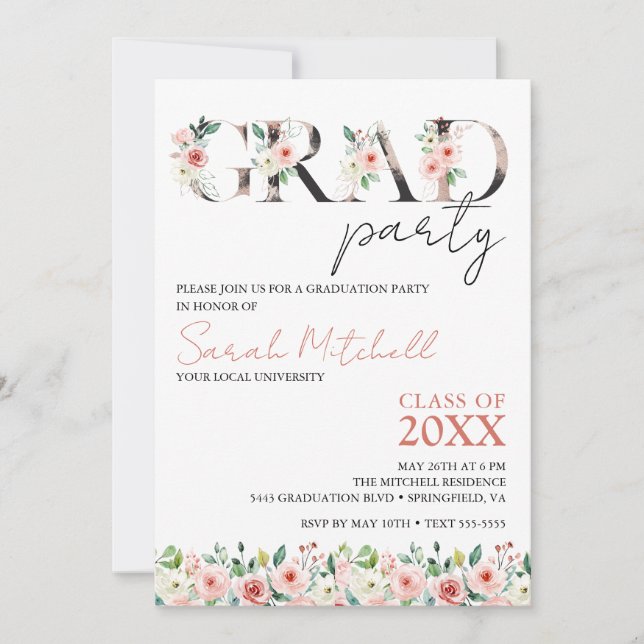 Invitation Fête de graduation noire, or et florale (Devant)