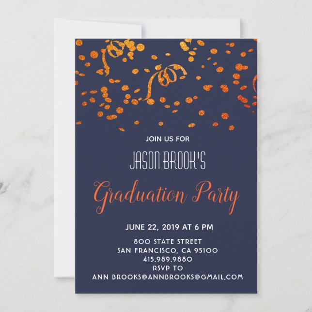 Invitation Fête de Graduation Orange Gold Confetti sur Noir (Devant)