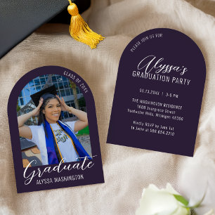 Invitation Fête de graduation photo Arc moderne violet foncé