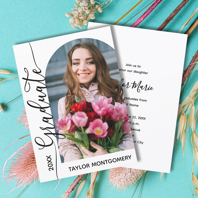 Invitation Fête de graduation photo Arché moderne (Modern arched photo graduation party invitations with your details on the back)