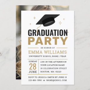 Invitation Fête de Graduation Photo Black White Gold