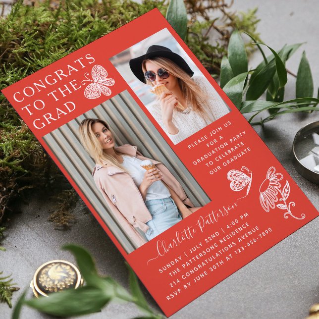 Invitation Fête de graduation photo de Papillon blanc rouge m (Créateur téléchargé)