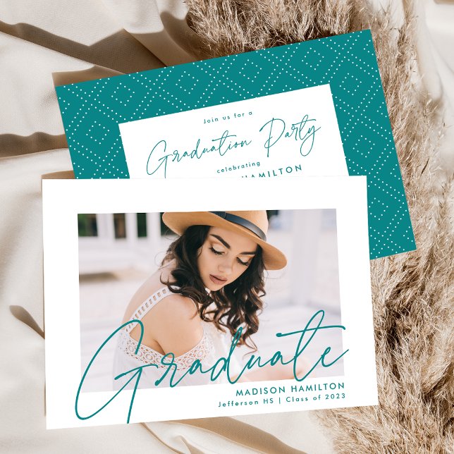 Invitation Fête de graduation photo de script Turquoise moder (Créateur téléchargé)