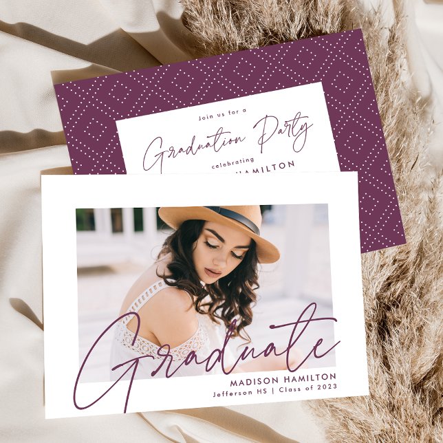 Invitation Fête de graduation photo de script violet moderne (Créateur téléchargé)