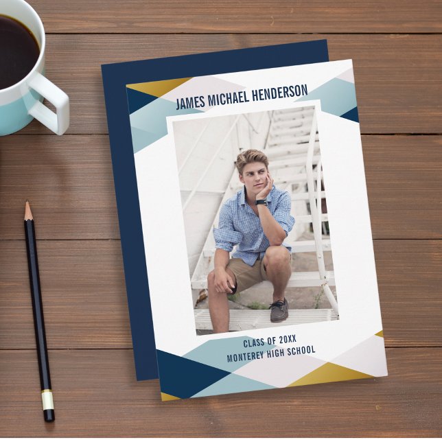 Invitation Fête de graduation photo moderne géométrique bleu  (Créateur téléchargé)