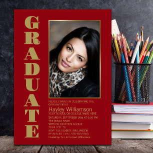 Invitation Fête de graduation photo moderne Simple Red Gold