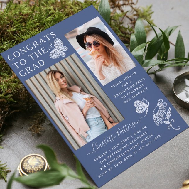 Invitation Fête de graduation photo Papillon blanc bleu moder (Créateur téléchargé)