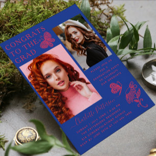 Invitation Fête de graduation photo Papillon bleu rose modern