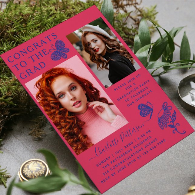 Invitation Fête de graduation photo Papillon bleu rose modern (Créateur téléchargé)