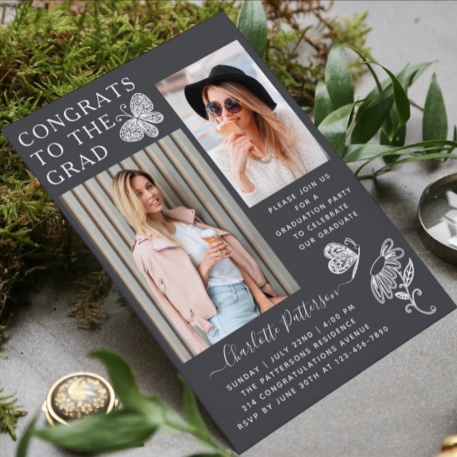 Invitation Fête de graduation photo papillon gris moderne (Créateur téléchargé)