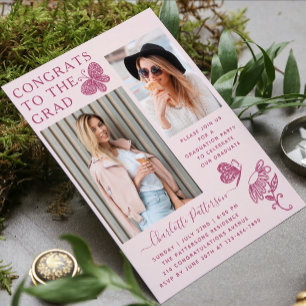 Invitation Fête de graduation photo papillon rose moderne