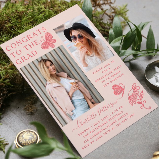 Invitation Fête de graduation photo papillon rose moderne (Créateur téléchargé)