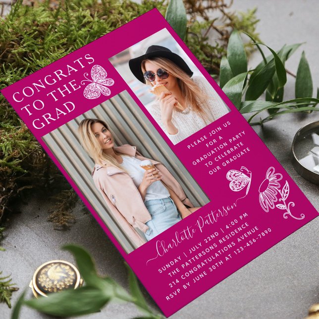 Invitation Fête de graduation photo papillon rose moderne (Créateur téléchargé)