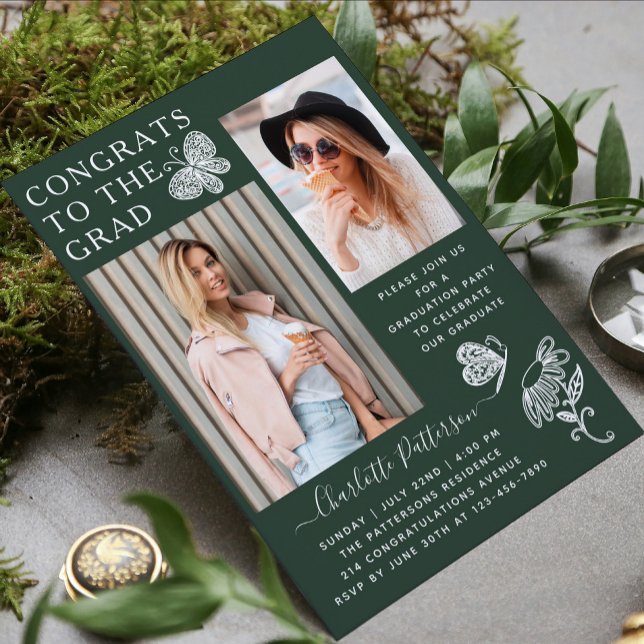 Invitation Fête de graduation photo papillon vert moderne (Créateur téléchargé)