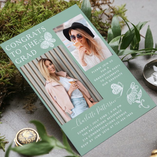 Invitation Fête de graduation photo papillon vert moderne (Créateur téléchargé)