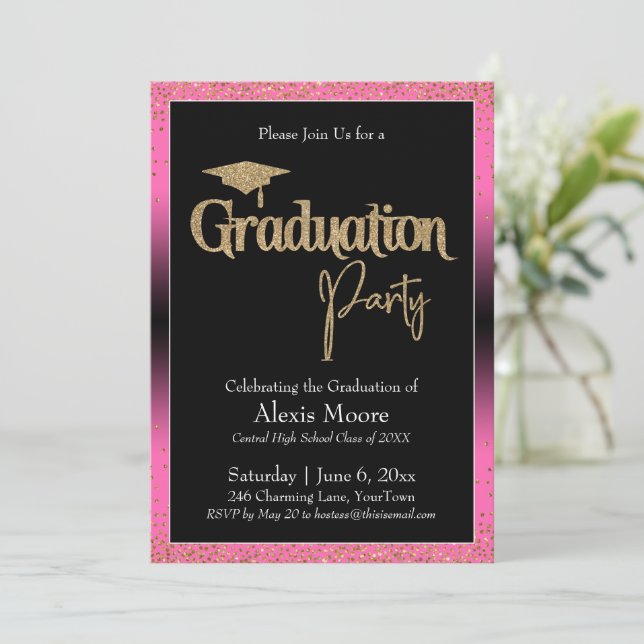 Invitation Fête de Graduation Pink brillant Ombre Confetti (Debout devant)