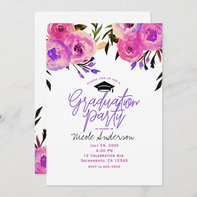 Invitation Fête de graduation rose violet brillant Floral mod (Devant / Derrière)
