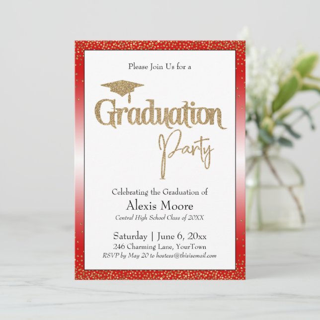 Invitation Fête de Graduation Rouge brillant Ombre Gold Confe (Debout devant)