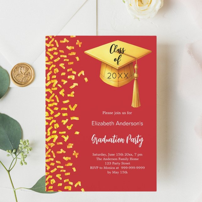 Invitation Fête de graduation rouge en or confetti (Créateur téléchargé)