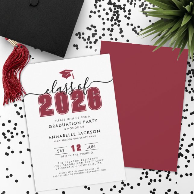 Invitation Fête de graduation rouge moderne simple (Simple Modern Red Graduation Party Invitation)