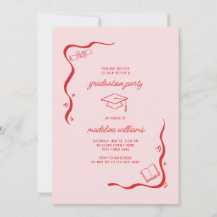 Invitation Fête de Graduation Rouge Rose Doodle Whimsical