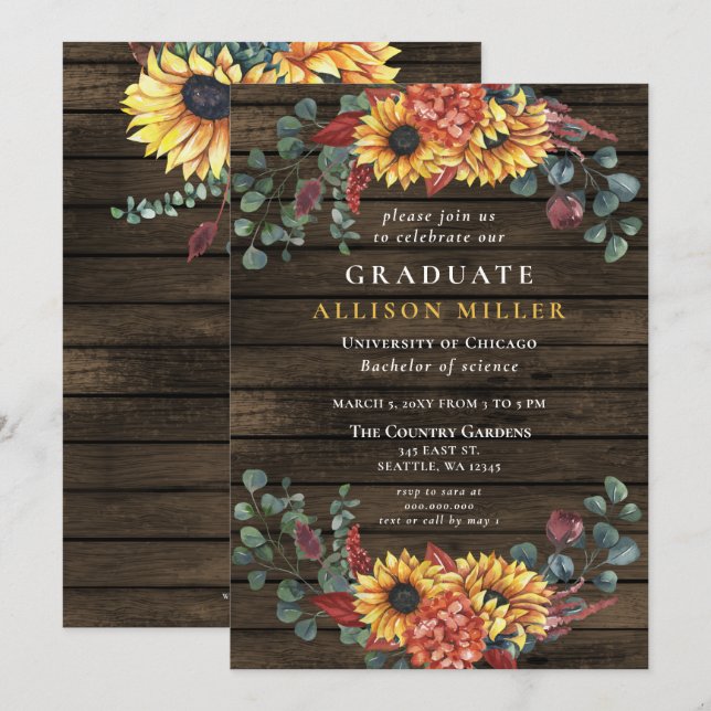 Invitation Fête de graduation Rustic Barn Wood Sunflowers (Devant / Derrière)