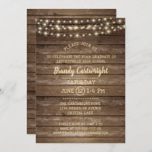 Invitation Fête de graduation Rustic Wood et String Lights