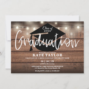 Invitation Fête de graduation Rustic Wood String Lights
